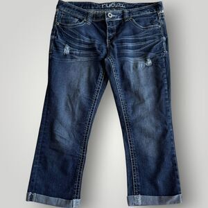 Rue 21 Women's Capri Jeans Size 9/10 Dark Whisker Wash Embroidered & Cuffed